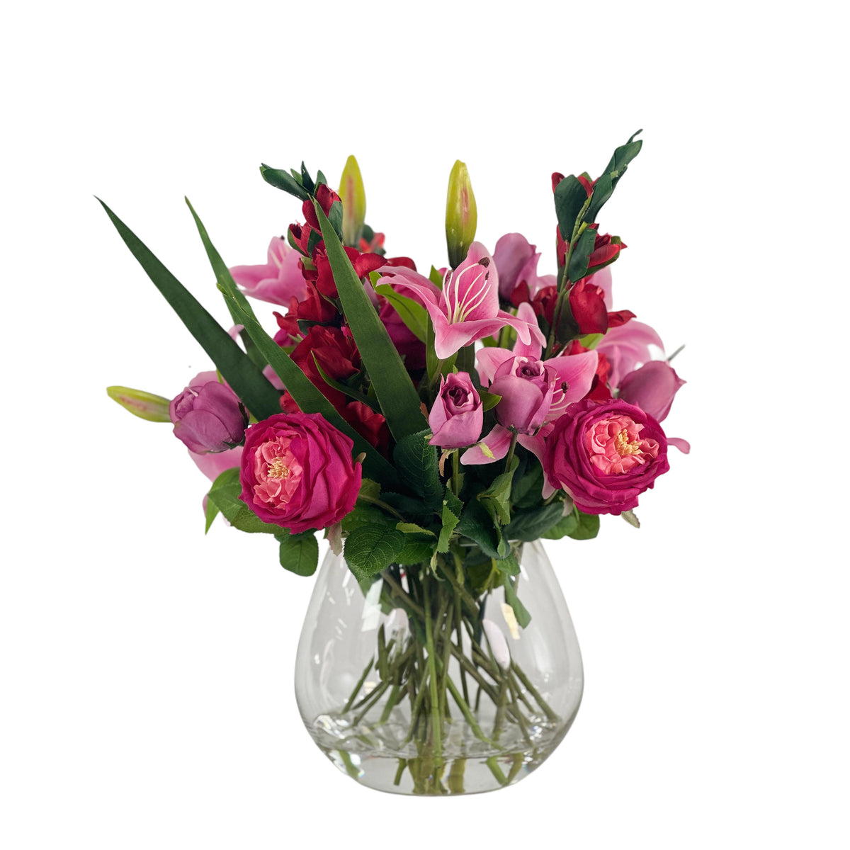 Mixed Pink and Red Lily Gladiolus and Roses in Glass Vase