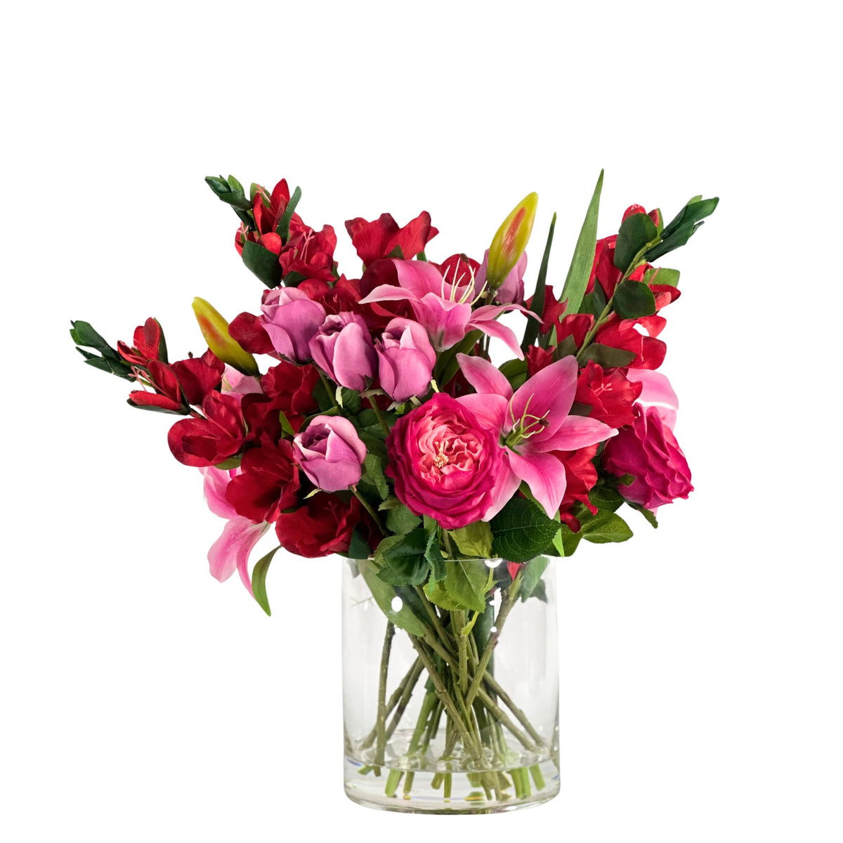 Mix Arrangement Lilly Gladiolus Roses in Glass Vase. Full view of the life like silk flower arrangement. Available from Plant Couture.