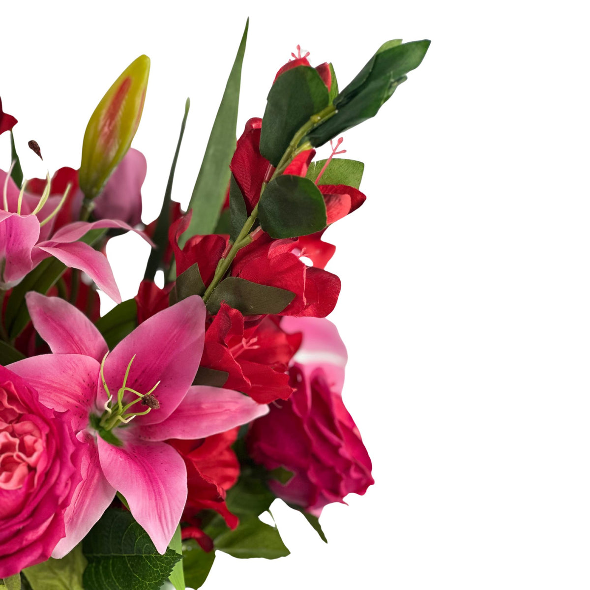 Mix Arrangement Lilly Gladiolus Roses in Glass Vase. Close up view of the life like silk flower arrangement. Available from Plant Couture.