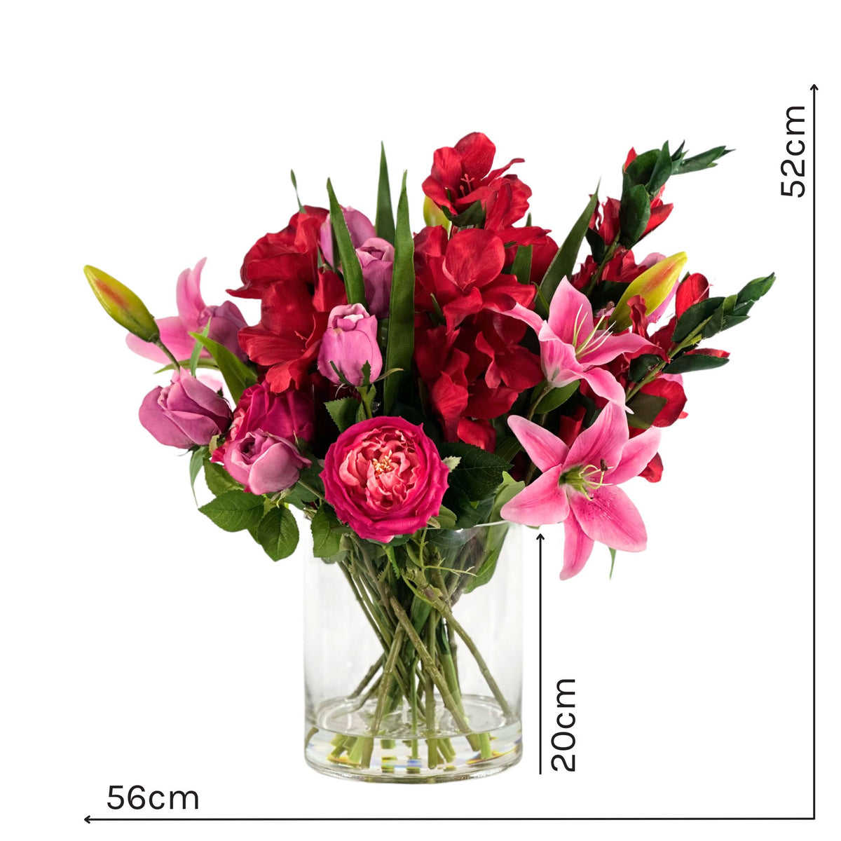 Mix Arrangement Lilly Gladiolus Roses in Glass Vase. Close up view with the measurements of the life like silk flower arrangement. Available from Plant Couture.