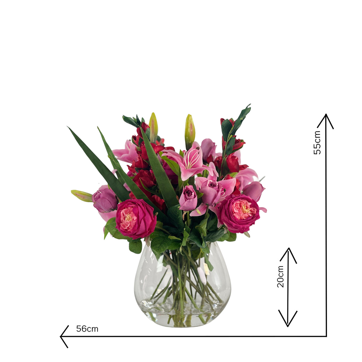 Mixed Pink and Red Lily Gladiolus and Roses in Glass Vase