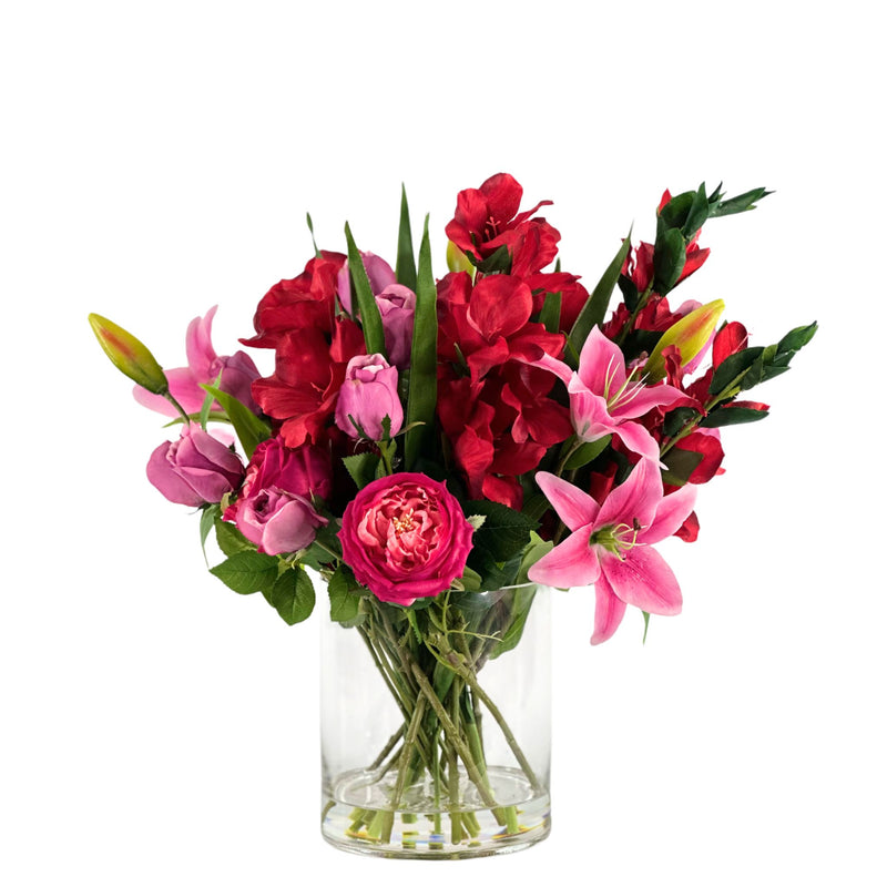 Mix Arrangement Lilly Gladiolus Roses in Glass Vase. Full view of the life like silk flower arrangement. Available from Plant Couture.