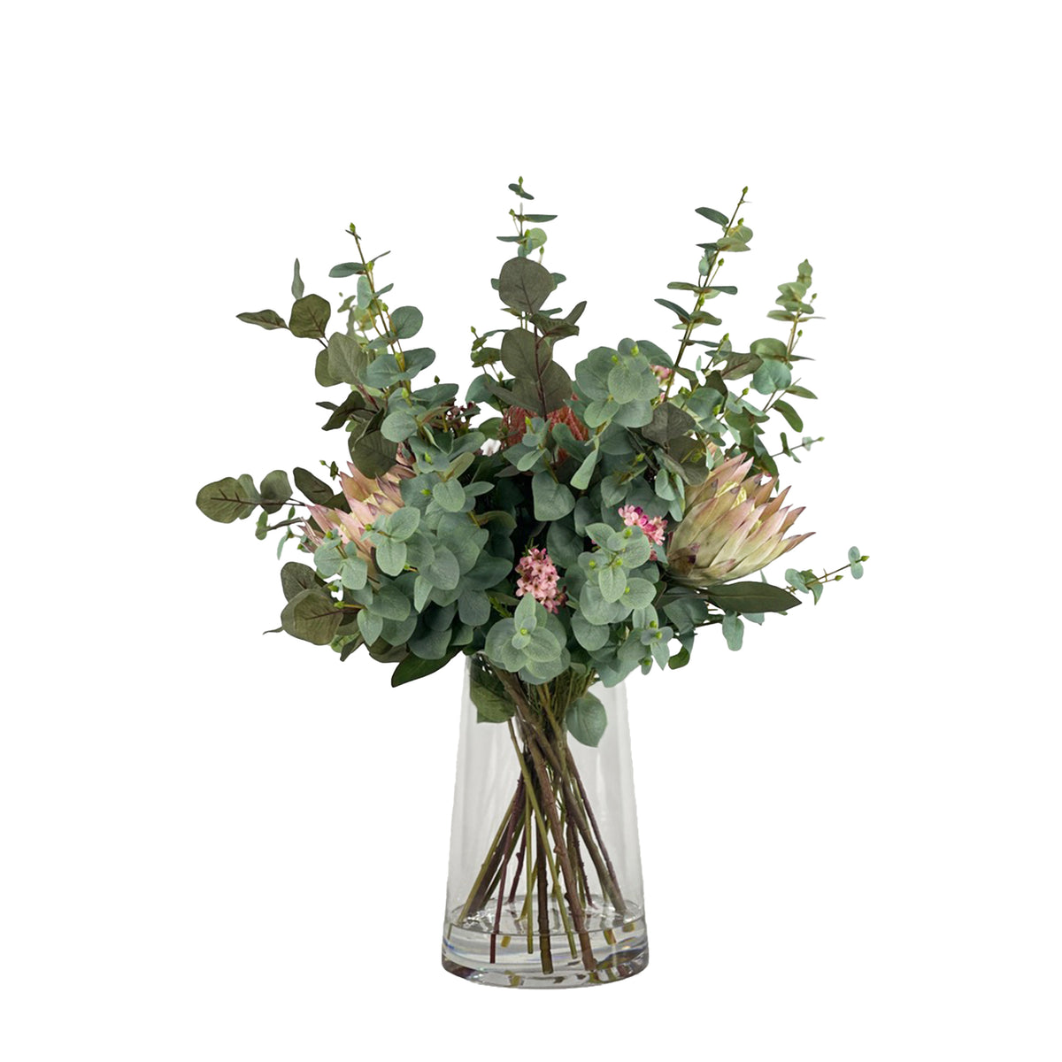 Bouquet of faux Protea pincusion and Eucaluptus with a clear vase with faux water on a white background