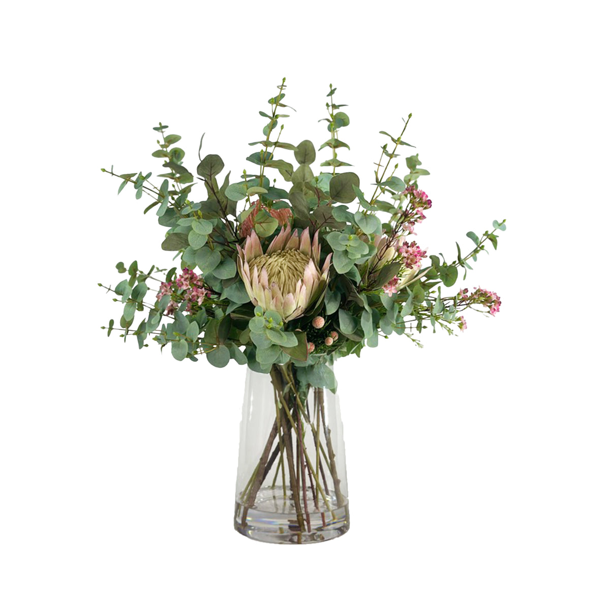 Bouquet of faux Protea pincusion and Eucaluptus with a clear vase with faux water on a white background