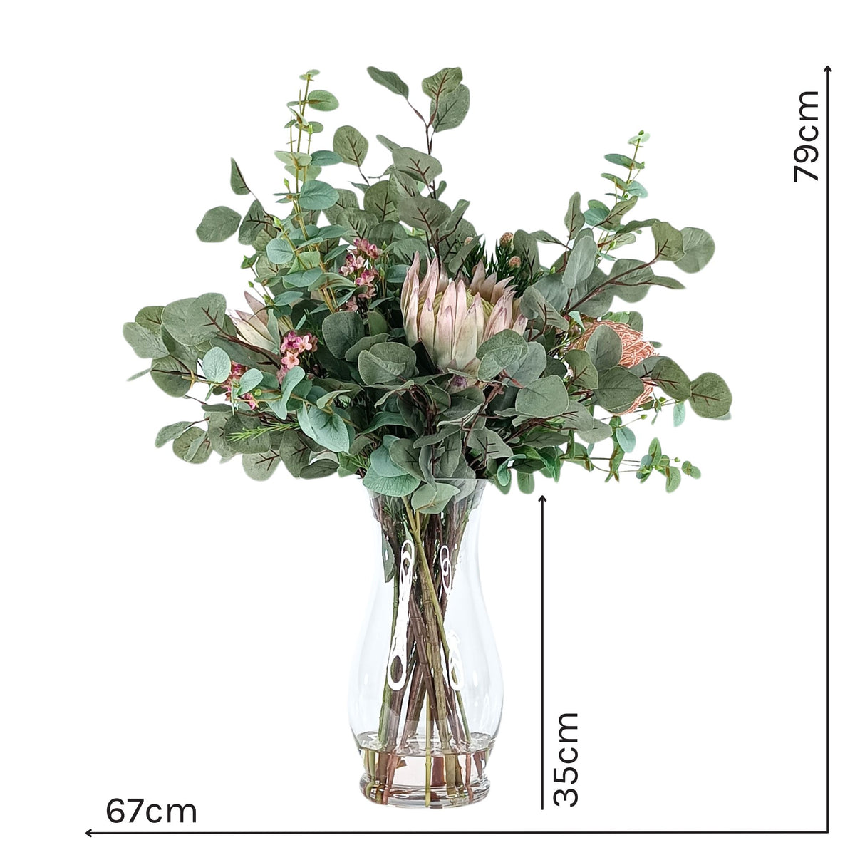 Protea Eucalyptus Mix Arrangement in Glass Vase. Full view with measurements of the silk flower arrangement. Available from Plant Couture.