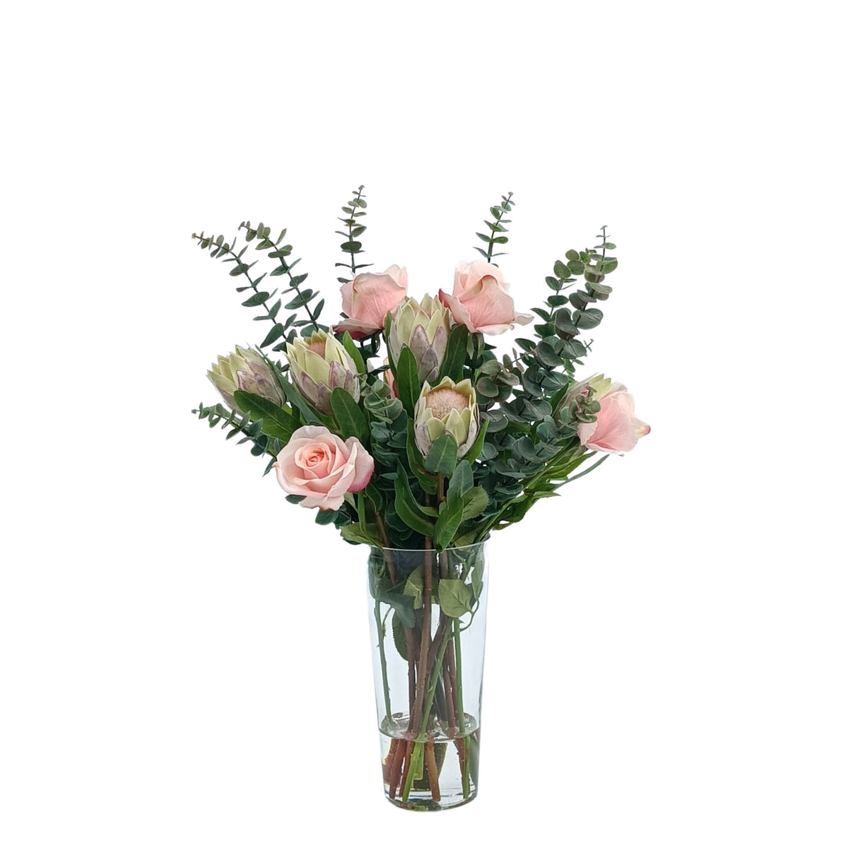 Protea and Roses Mix Silk Flower Arrangement. Full view. Purchase from www.plantcouture.co.za