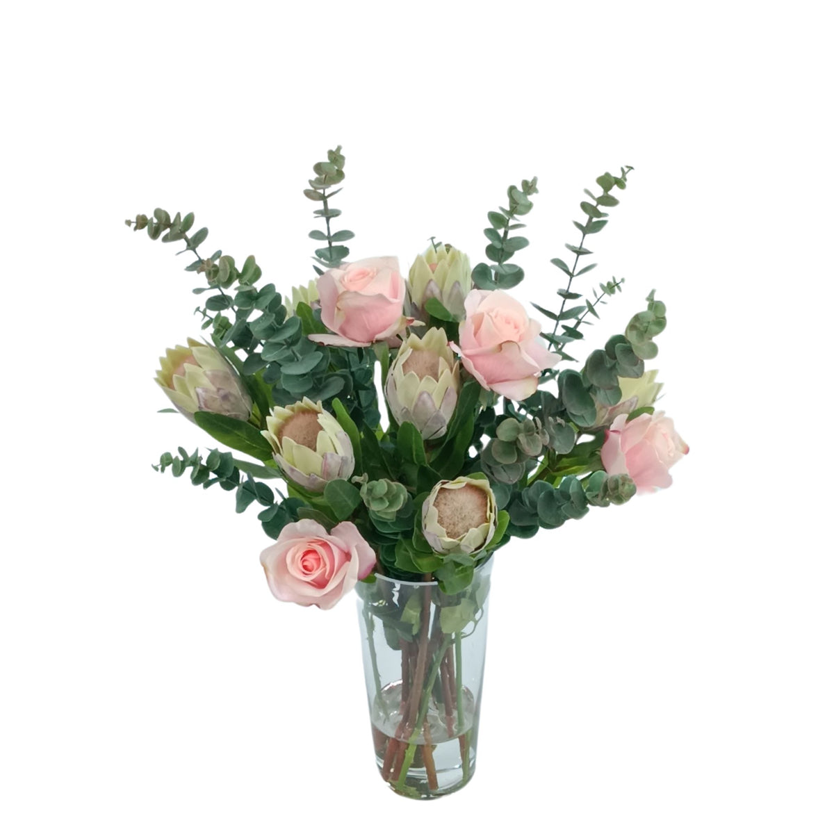 Protea and Roses Mix Silk Flower Arrangement in glass vase. Top view. Purchase from www.plantcouture.co.za