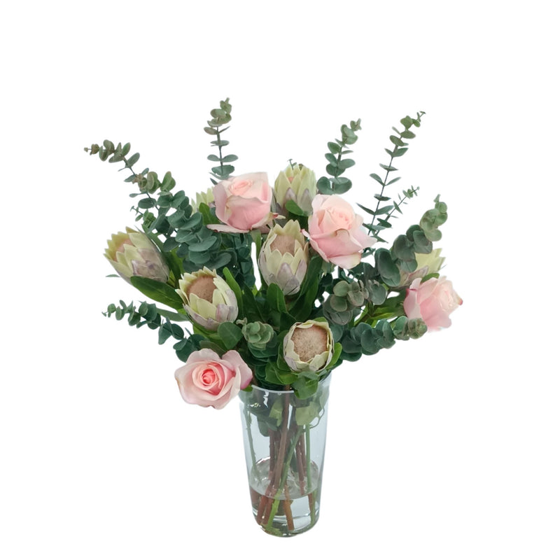 Protea and Roses Mix Silk Flower Arrangement in glass vase. Top view. Purchase from www.plantcouture.co.za