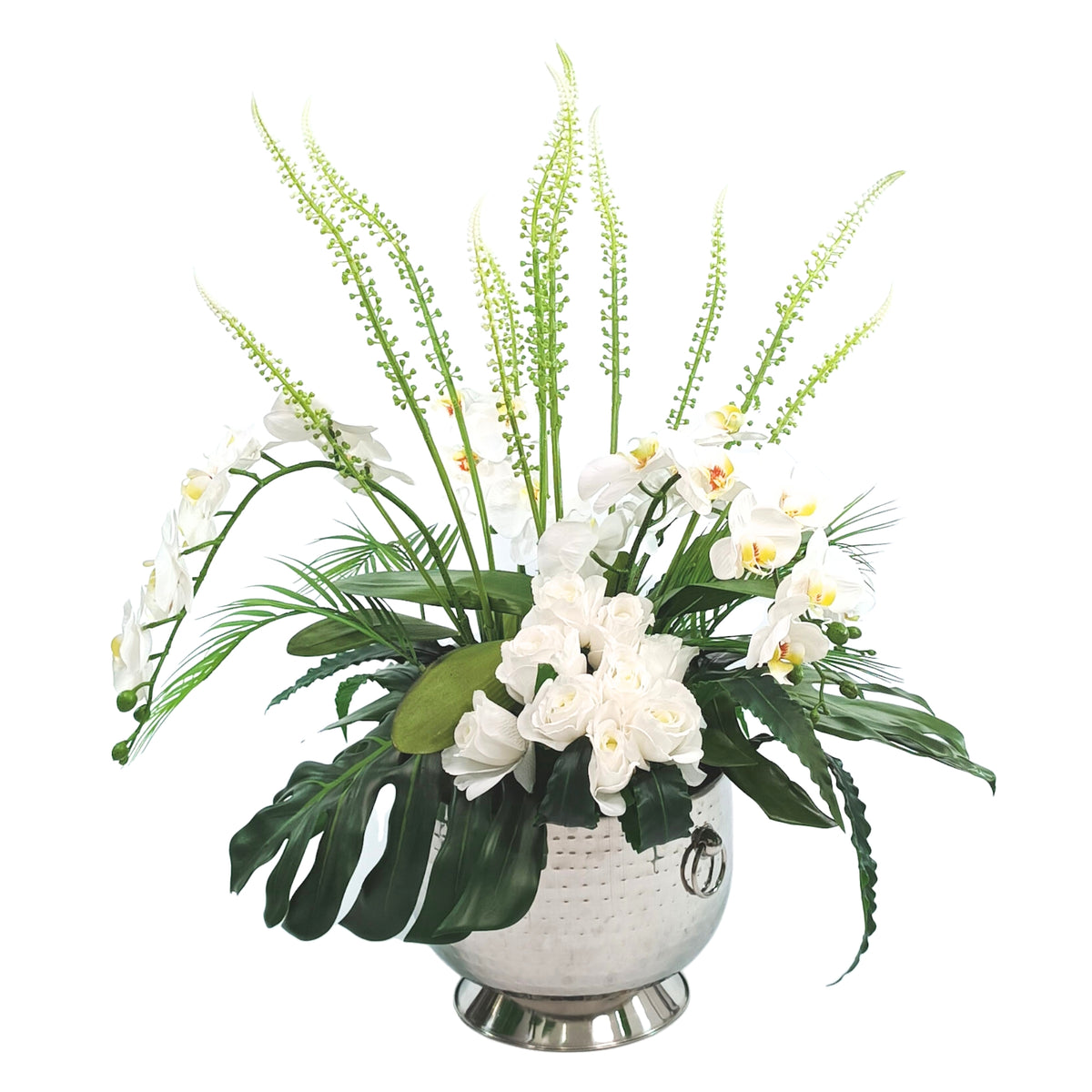 Phalaenopsis Orchid Arrangement White in Large Silver Tin