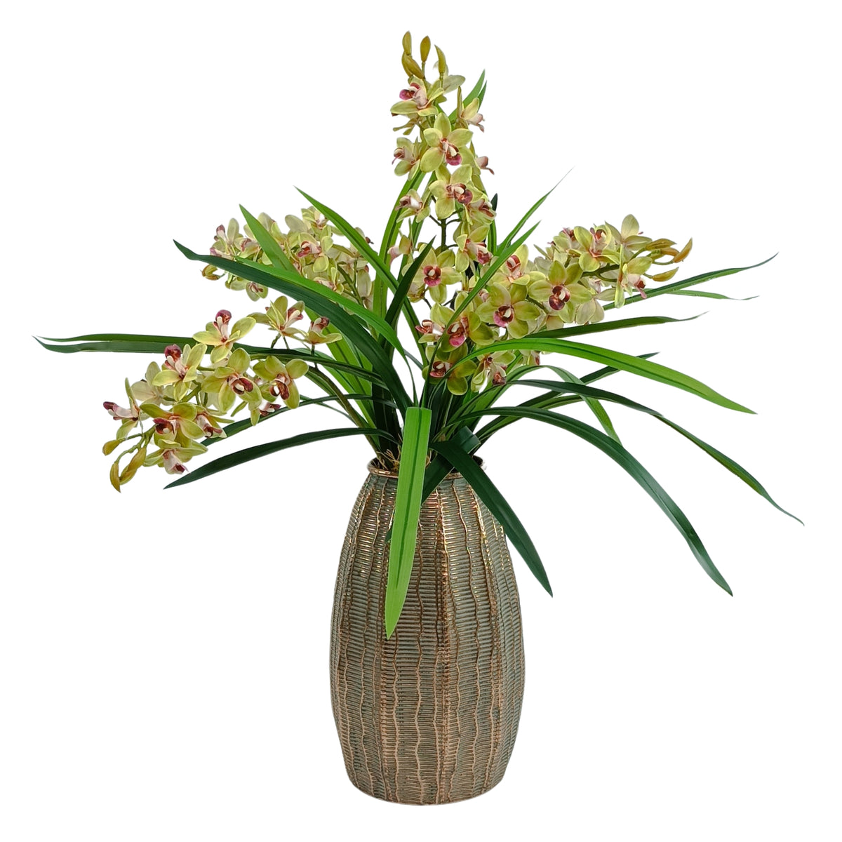 Cymbidium Orchid Green Arrangement in Gold Bullet Tin Vase