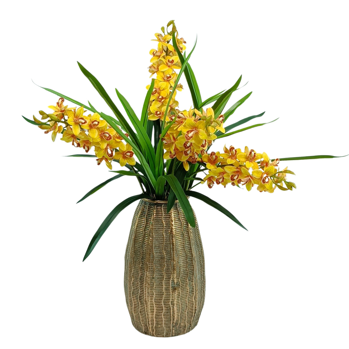 Cymbidium Orchid Yellow Arrangement in Gold Bullet Tin Vase