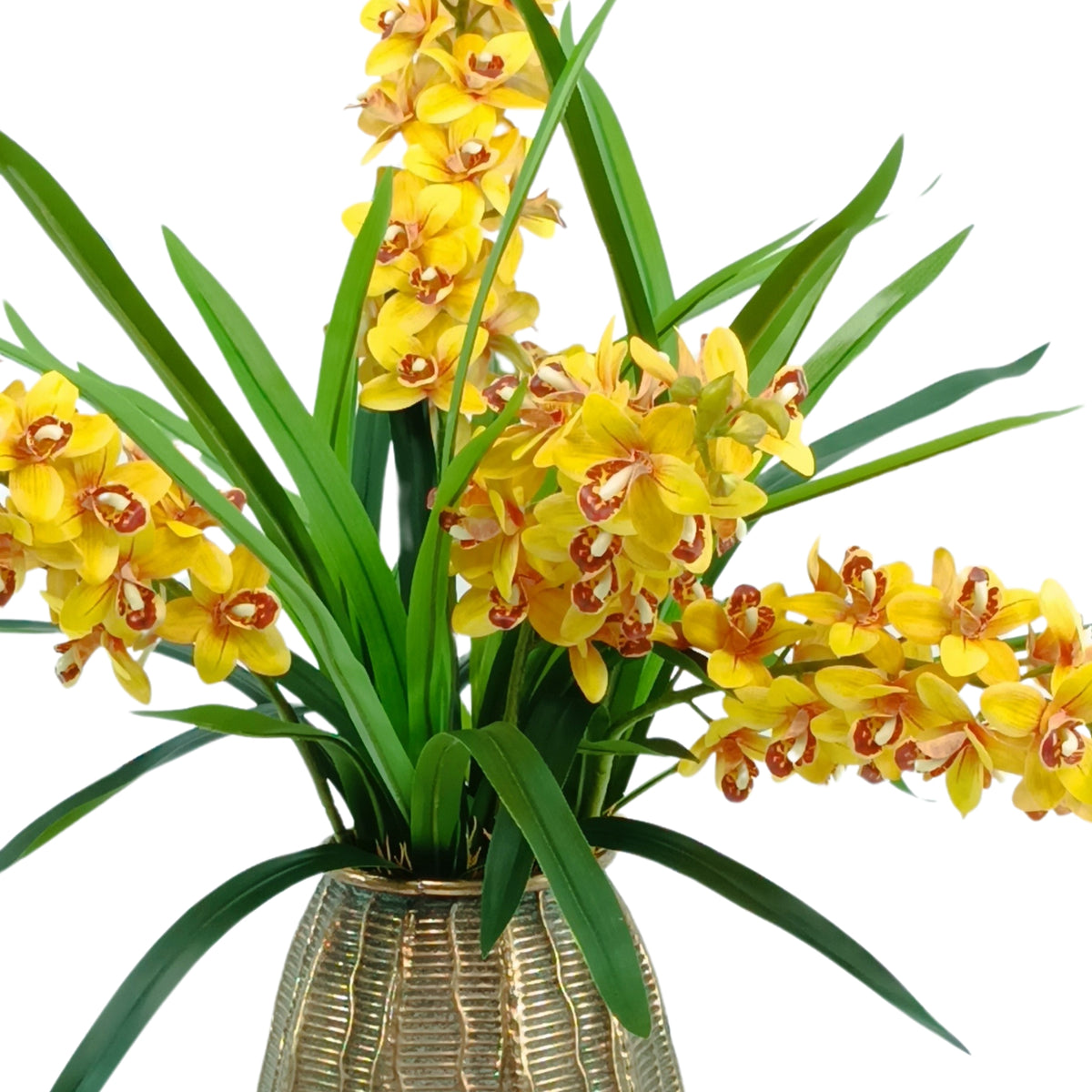 Cymbidium Orchid Yellow Arrangement in Gold Bullet Tin Vase
