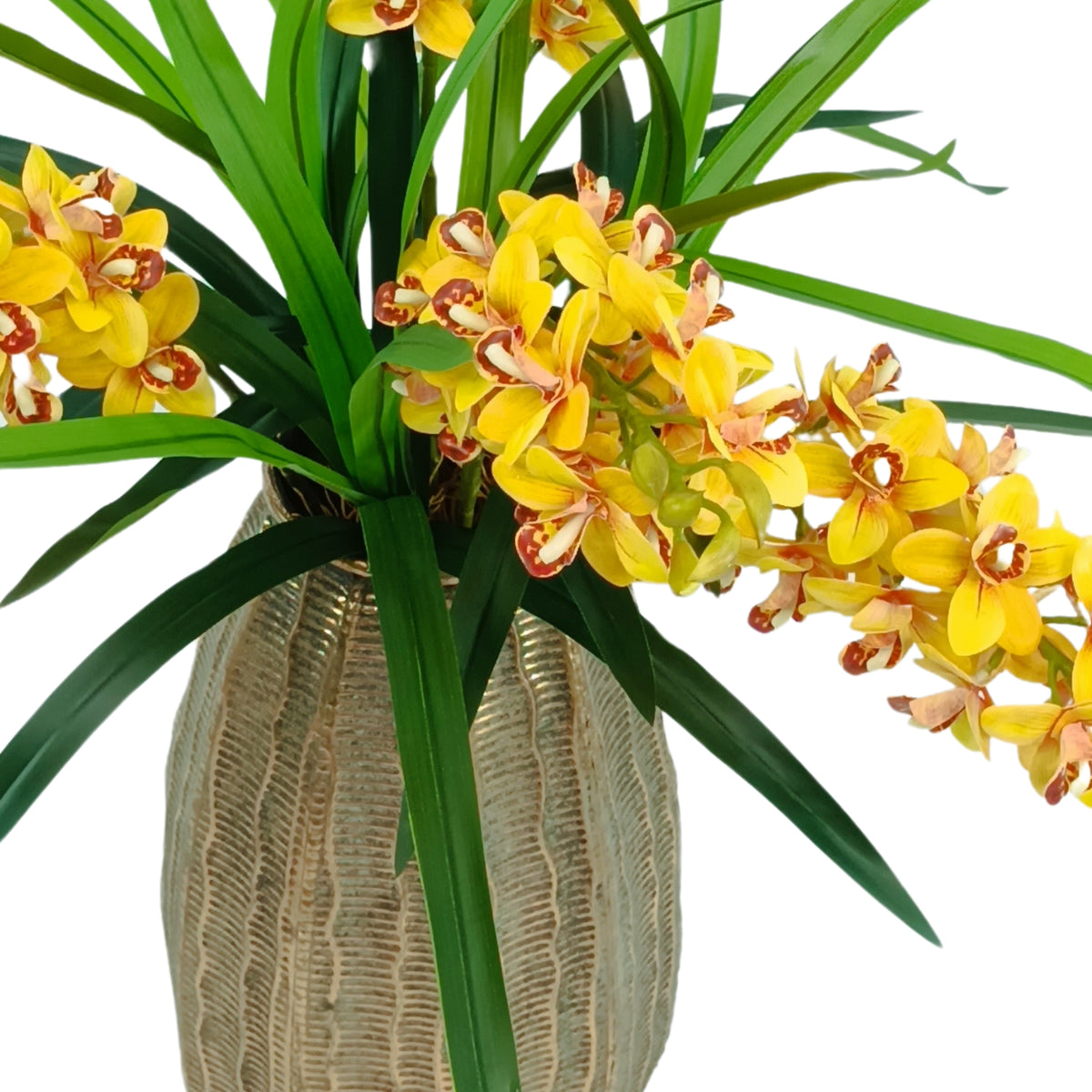 Cymbidium Orchid Yellow Arrangement in Gold Bullet Tin Vase