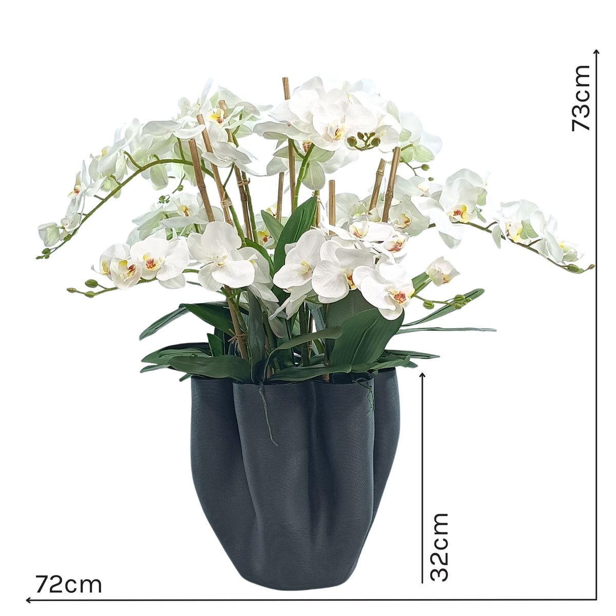 Phalaenopsis Orchids White in Large Black Wavy Ceramic Vase. Full front view with measurements. 73cm high x 72cm wide with a vase height of 32cm. Purchase silk flower arrangements from www.plantcouture.co.za