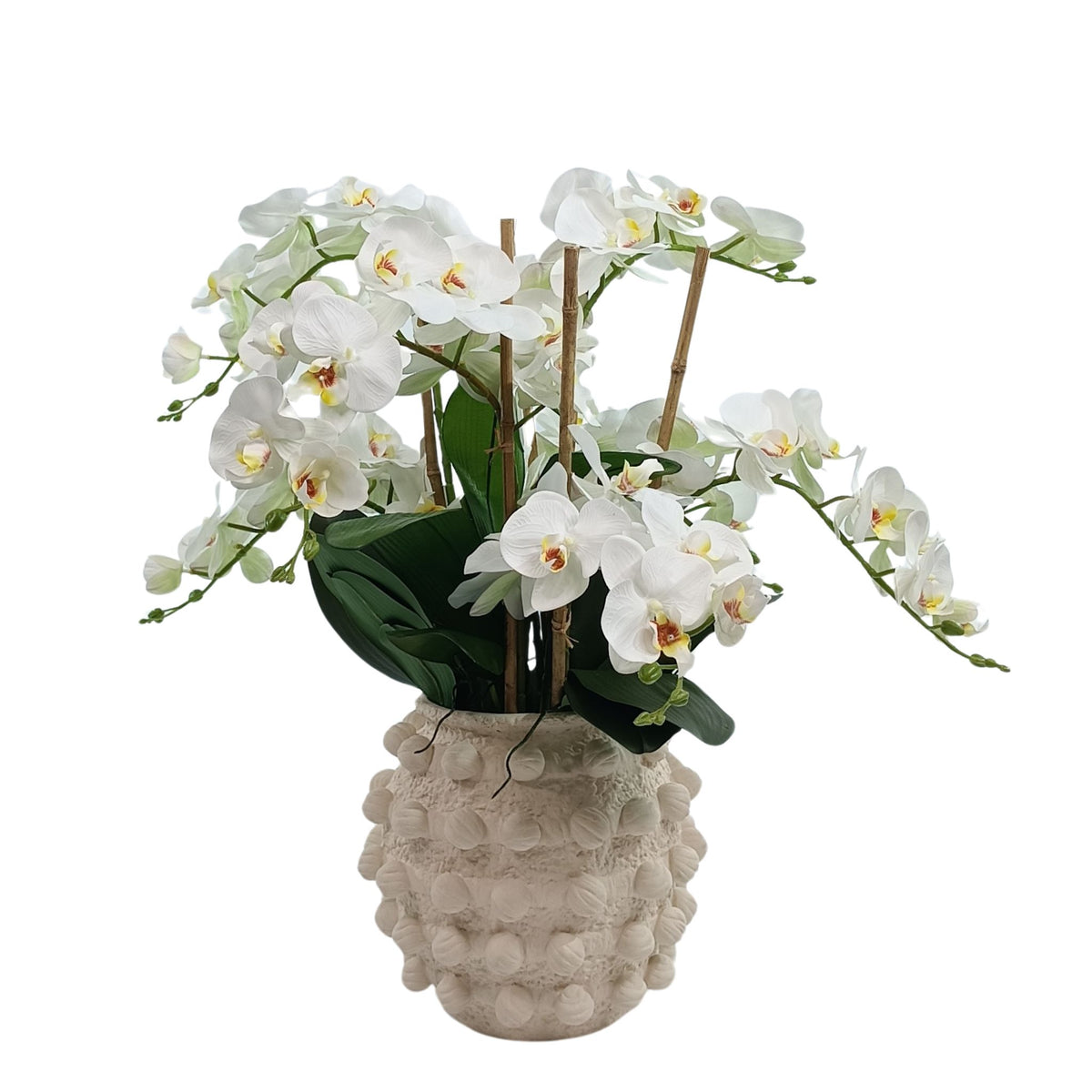 Phalaenopsis White in Ceramic Bobble Vase. Full front view. Silk flower arrangements available from www.plantcouture.co.za