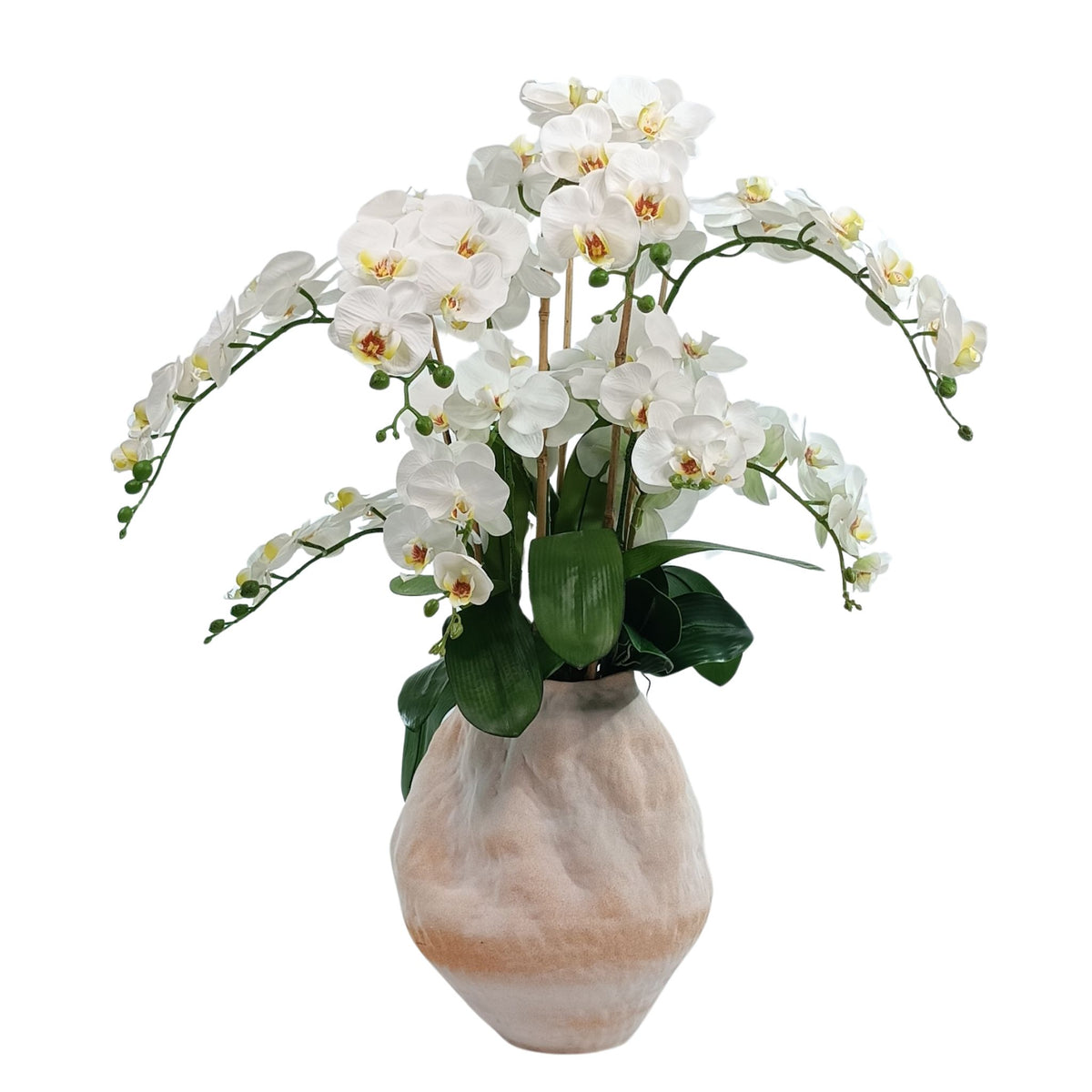 Phalaenopsis White in Earthy Ceramic Vase. Full front view of vase and silk flowers. Buy from www.plantcouture.co.za