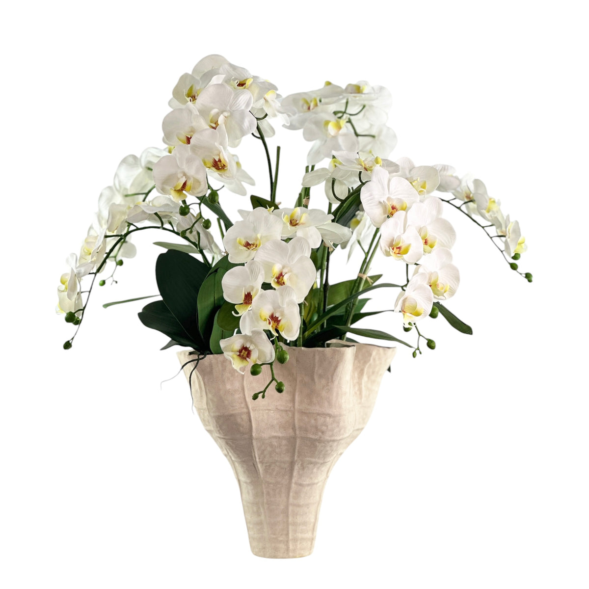 Faux Phalaenopsis Orchid White in cream organic ceramic planter