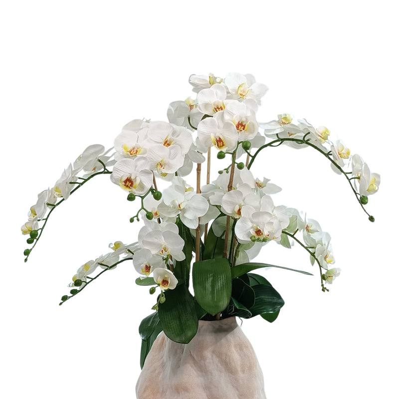Phalaenopsis White in Earthy Ceramic Vase. Close up top view of vase and silk flowers. Buy from www.plantcouture.co.za