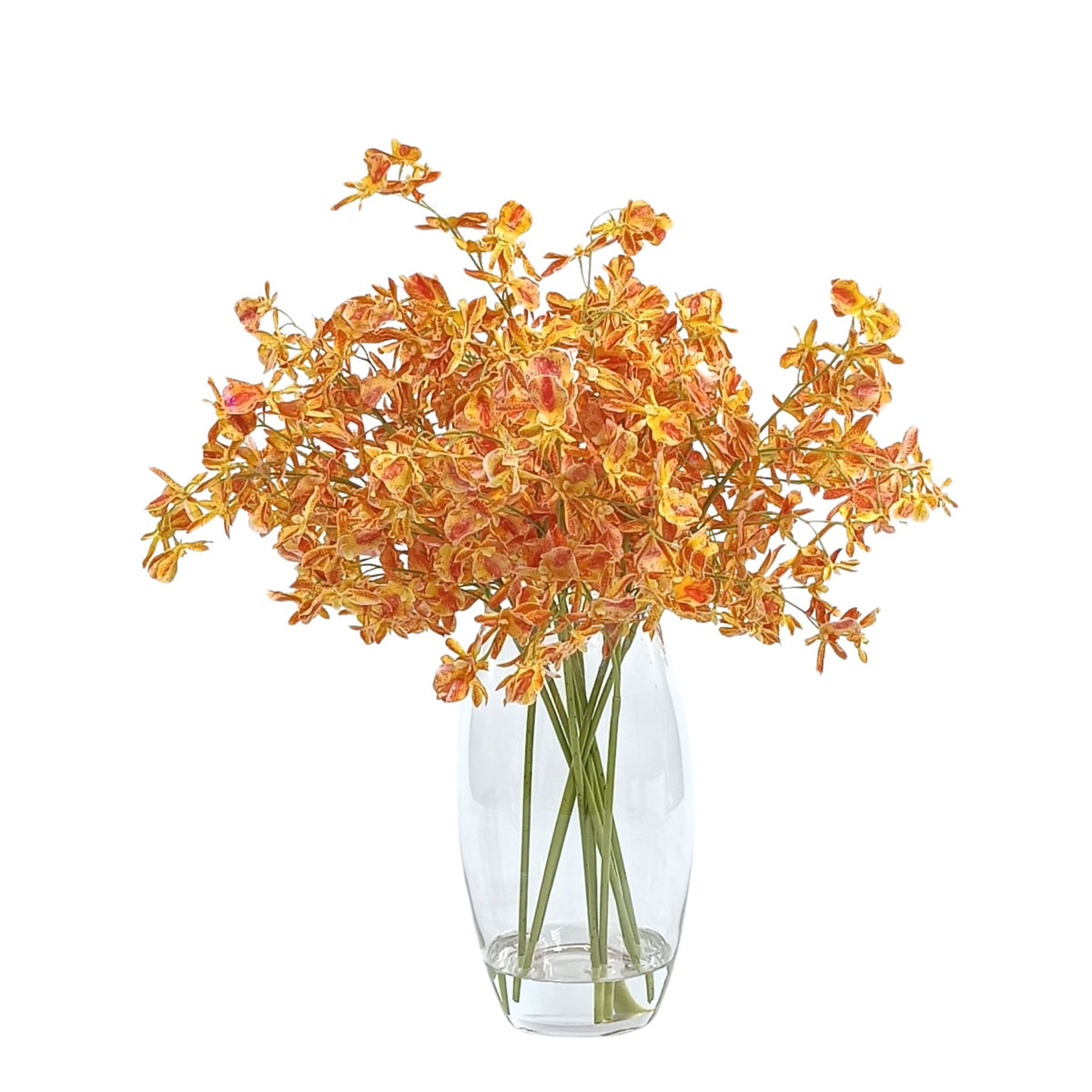 Oncidium Orange Red Silk Flower Arrangement in Glass Barrel Vase. Bright statement piece. Purchase from www.plantcouture.co.za