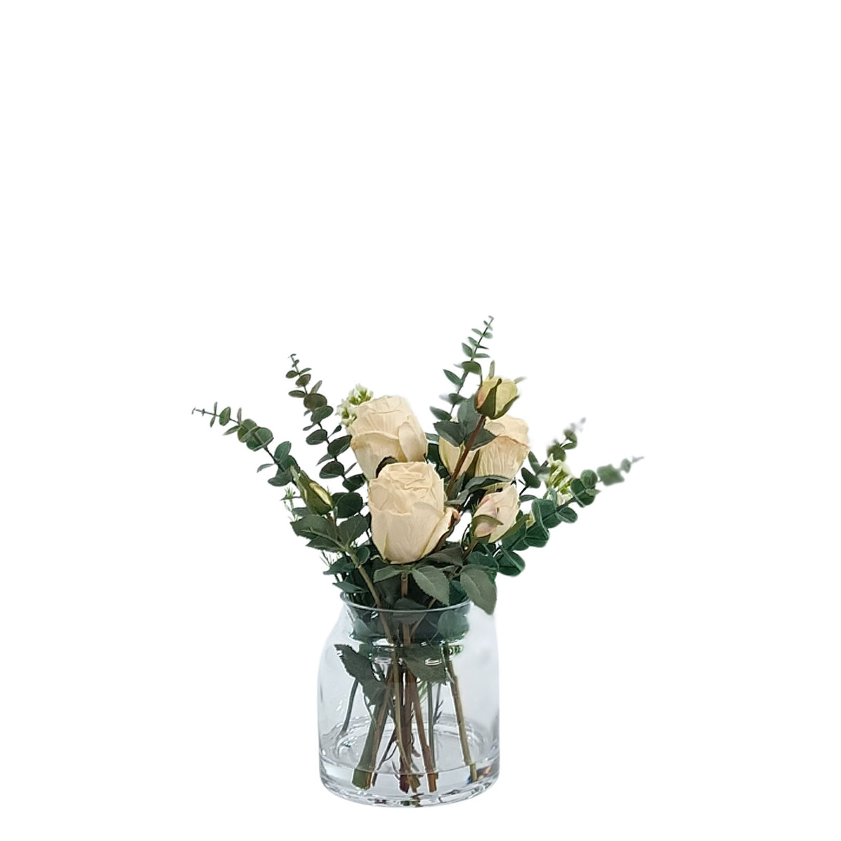 Rose Wax Flower Penny Gum Arrangement in Glass Vase. Full view. Silk Flowers. Available from www.plantcouture.co.za