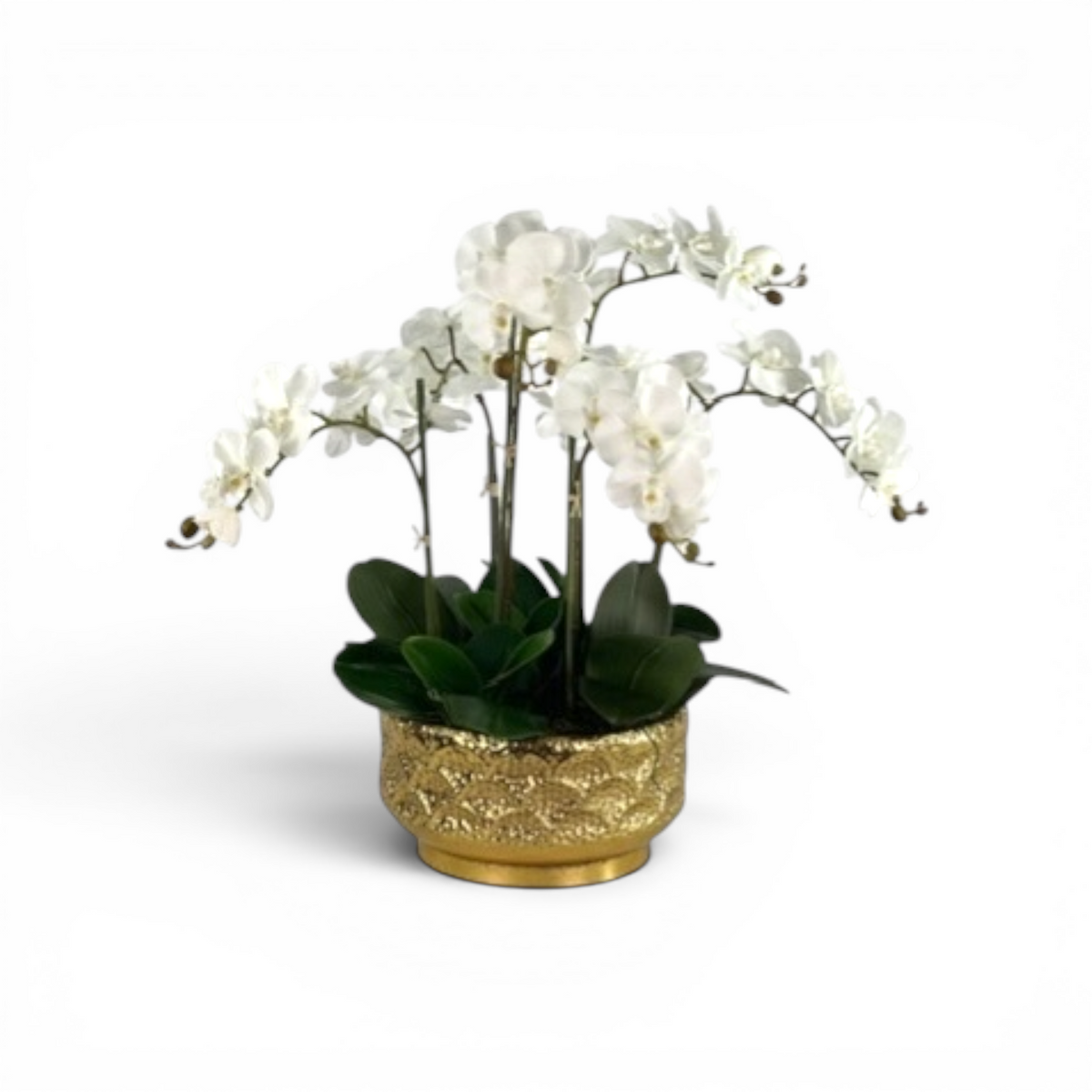 White Faux Phalenopsis arrangement set in a decorative Gold tin vase