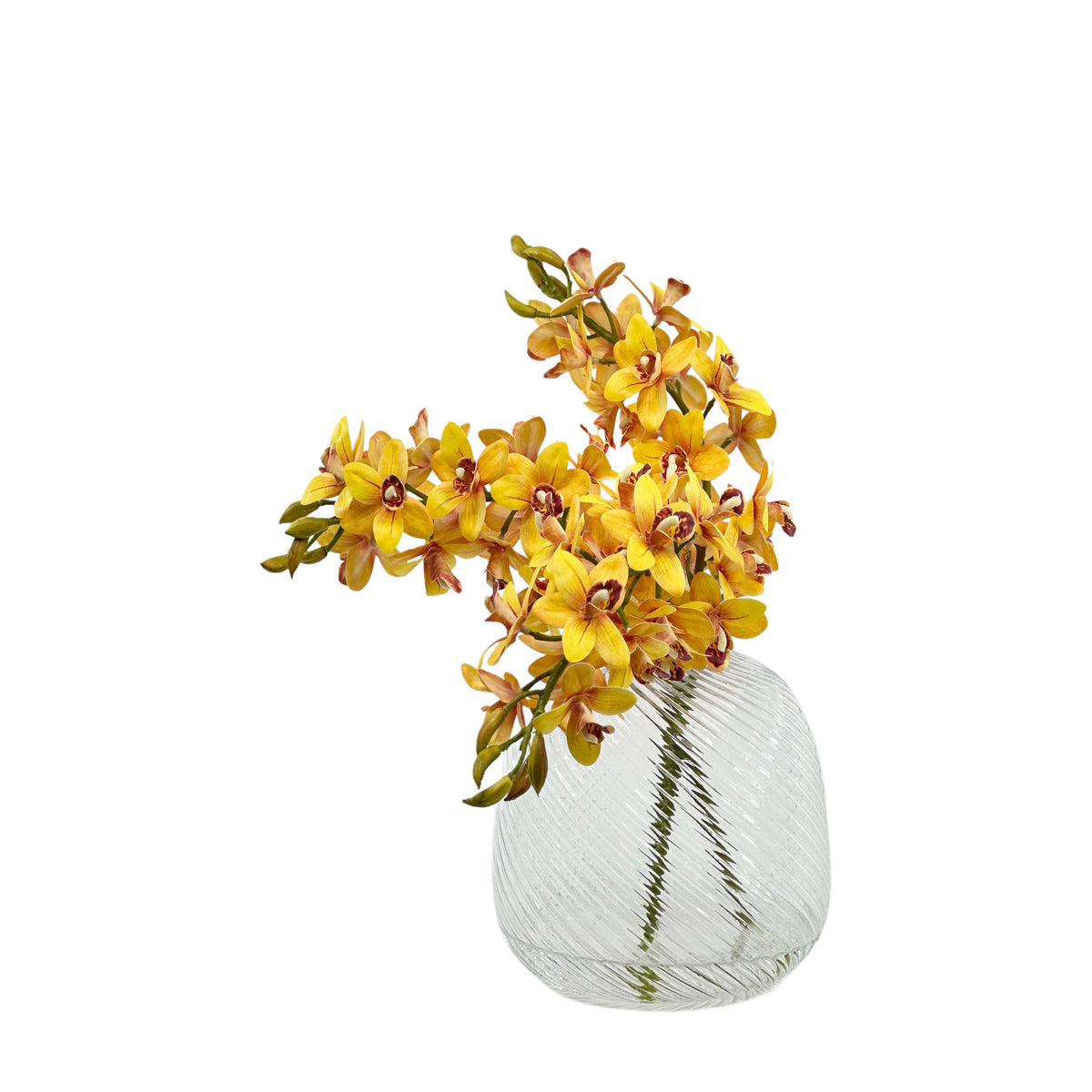 Beautiful Fake Cymbidium Orchid set in faux water in a clear swirl vase