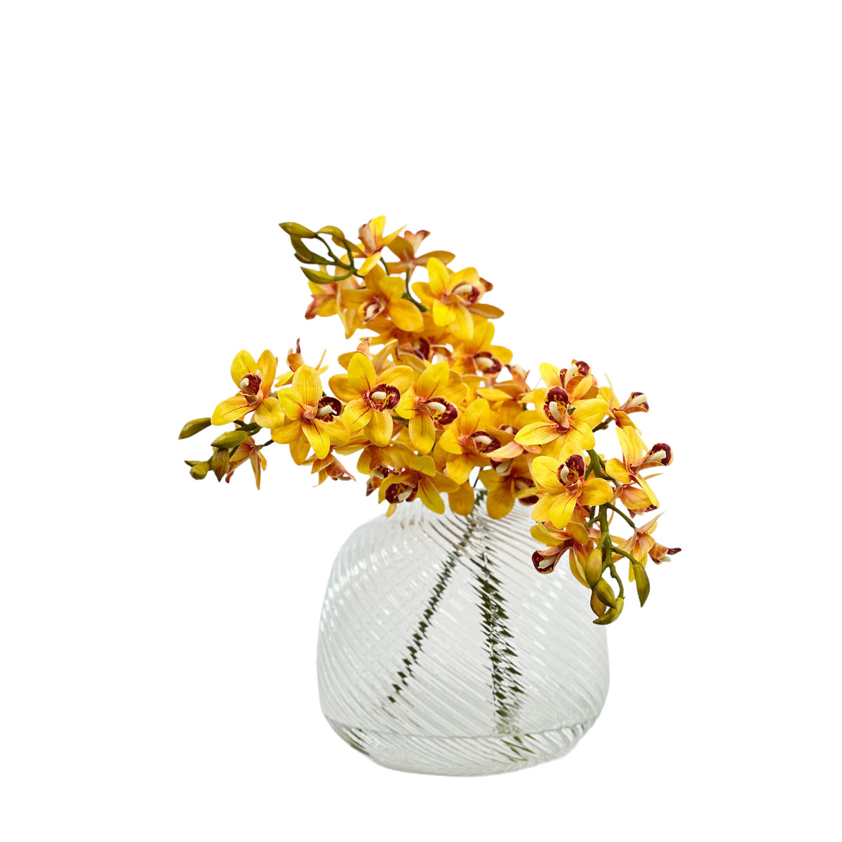 Beautiful Faux Cymbidium Orchid set in faux water in a clear swirl vase