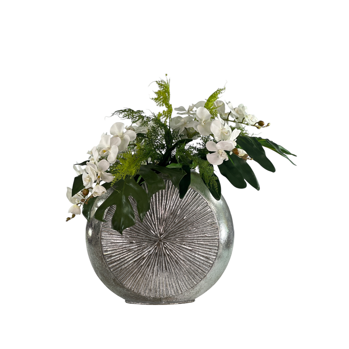 Decorative vase with white orchids and foliage arrangement