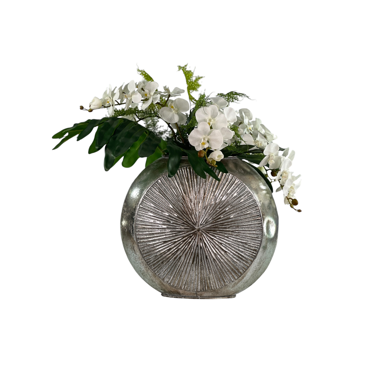 Decorative vase with faux white orchids and foliage arrangement