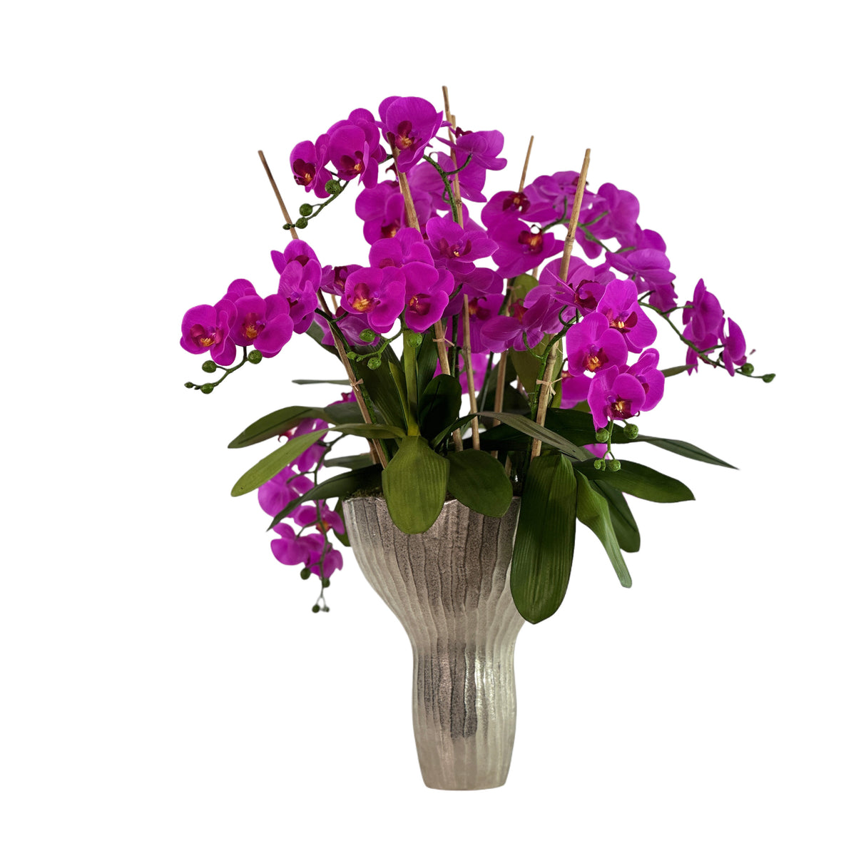 Arrtificial Phalaenopsis Orchid Puprple in Silver Pod Vase