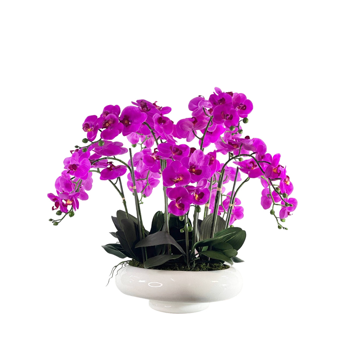 Fushia Artificial orchid plant in a white pot on a white background