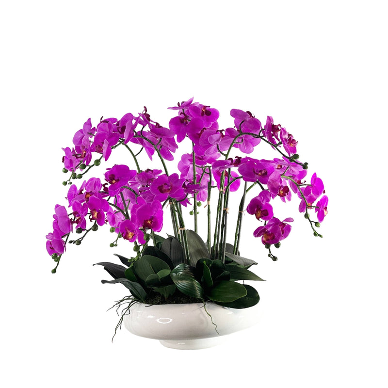 Faux Purple orchid plant in a white pot on a white background