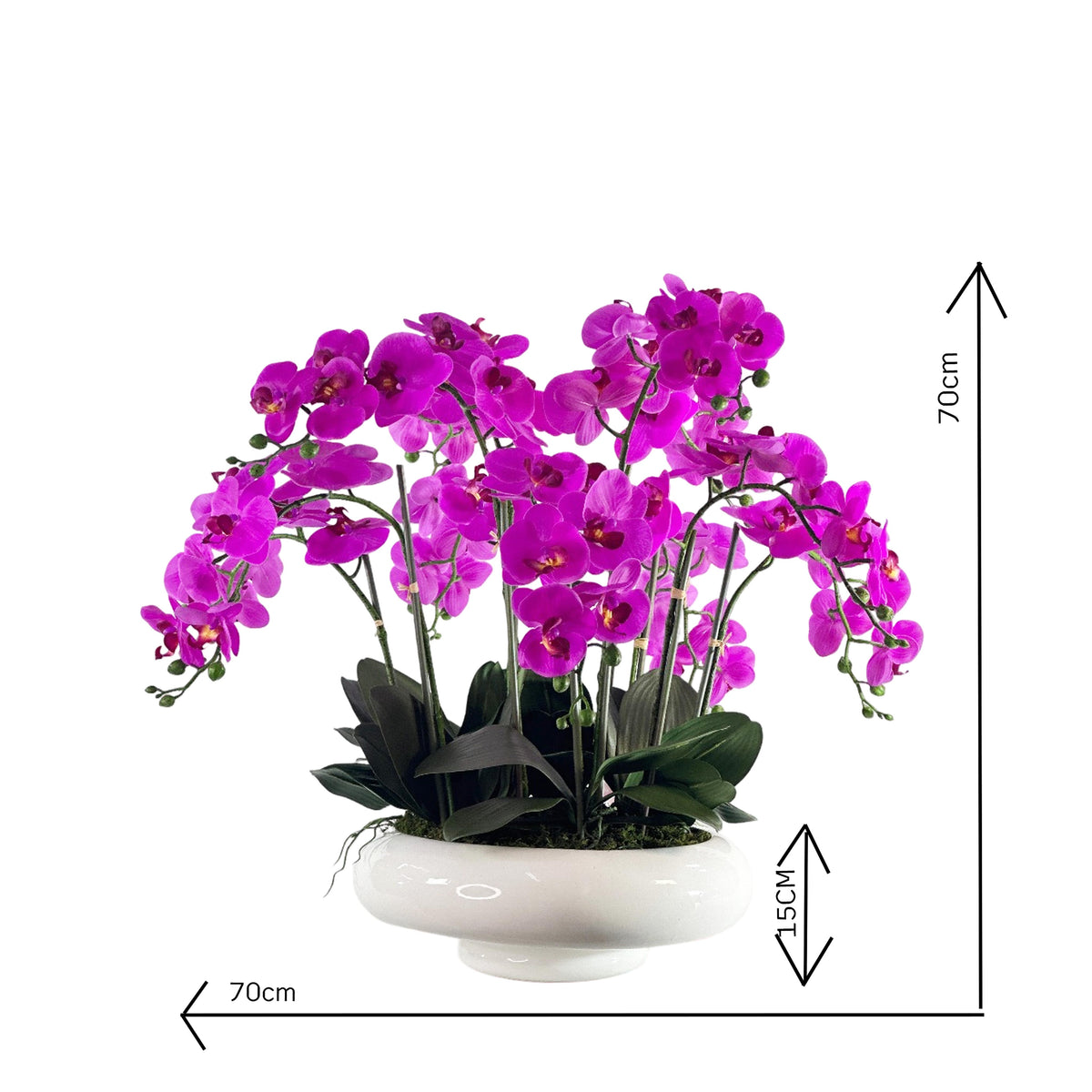 Purple faux orchid plant in a white pot with dimensions indicated on a white background