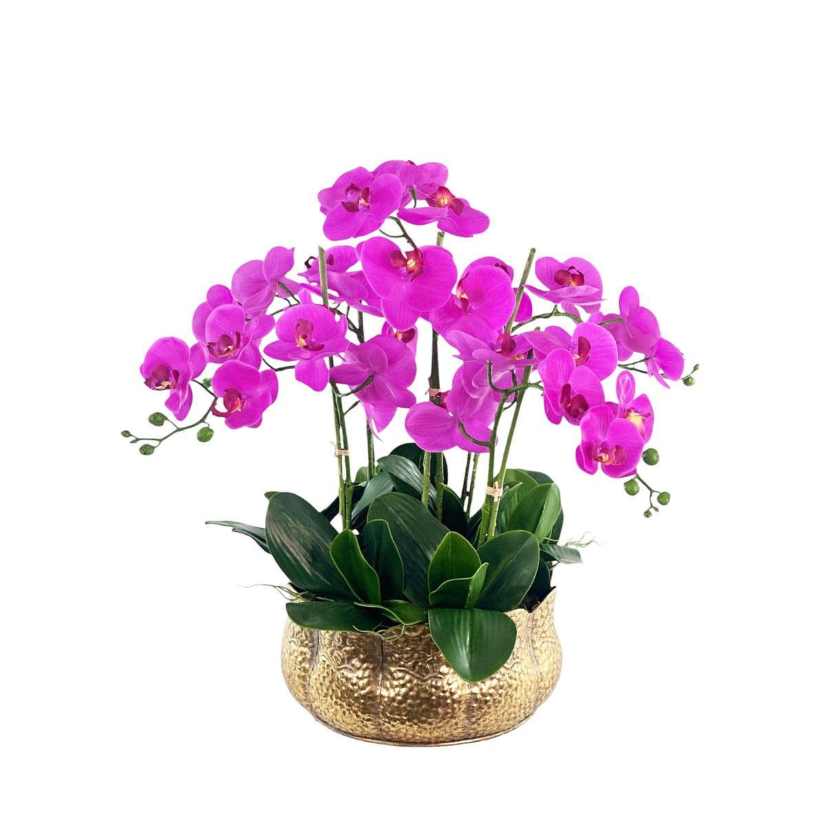 Fuschia faux orchid plant in a gold pot on a white background