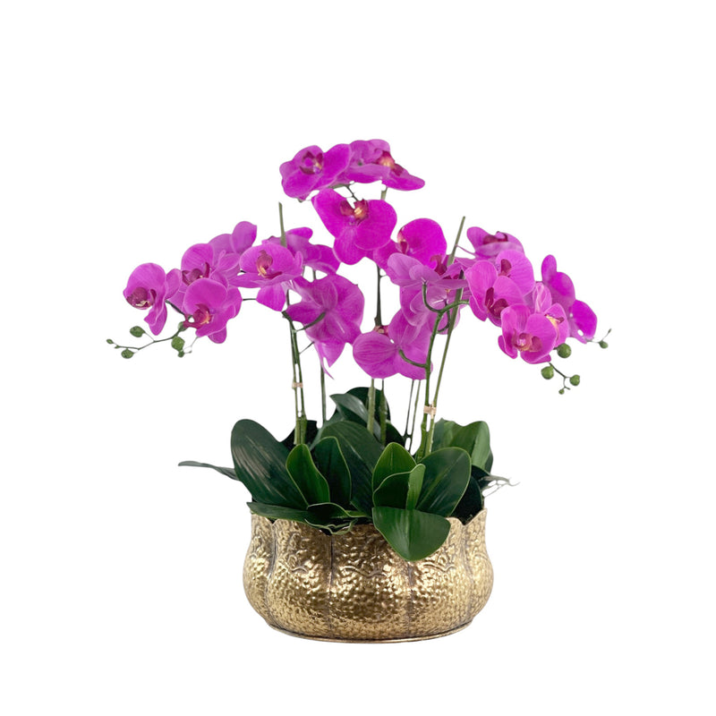 Purple faux Phalaenopsis orchid plant in a gold pot on a white background