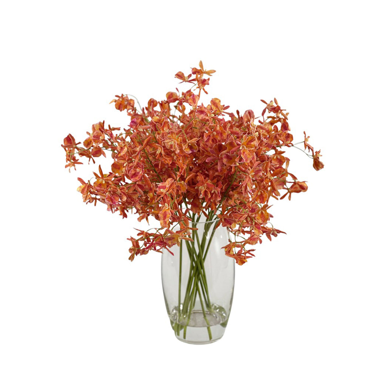 Artificial  Oncidium Orchid Orange Red Arrangement in Glass Barrel Vase