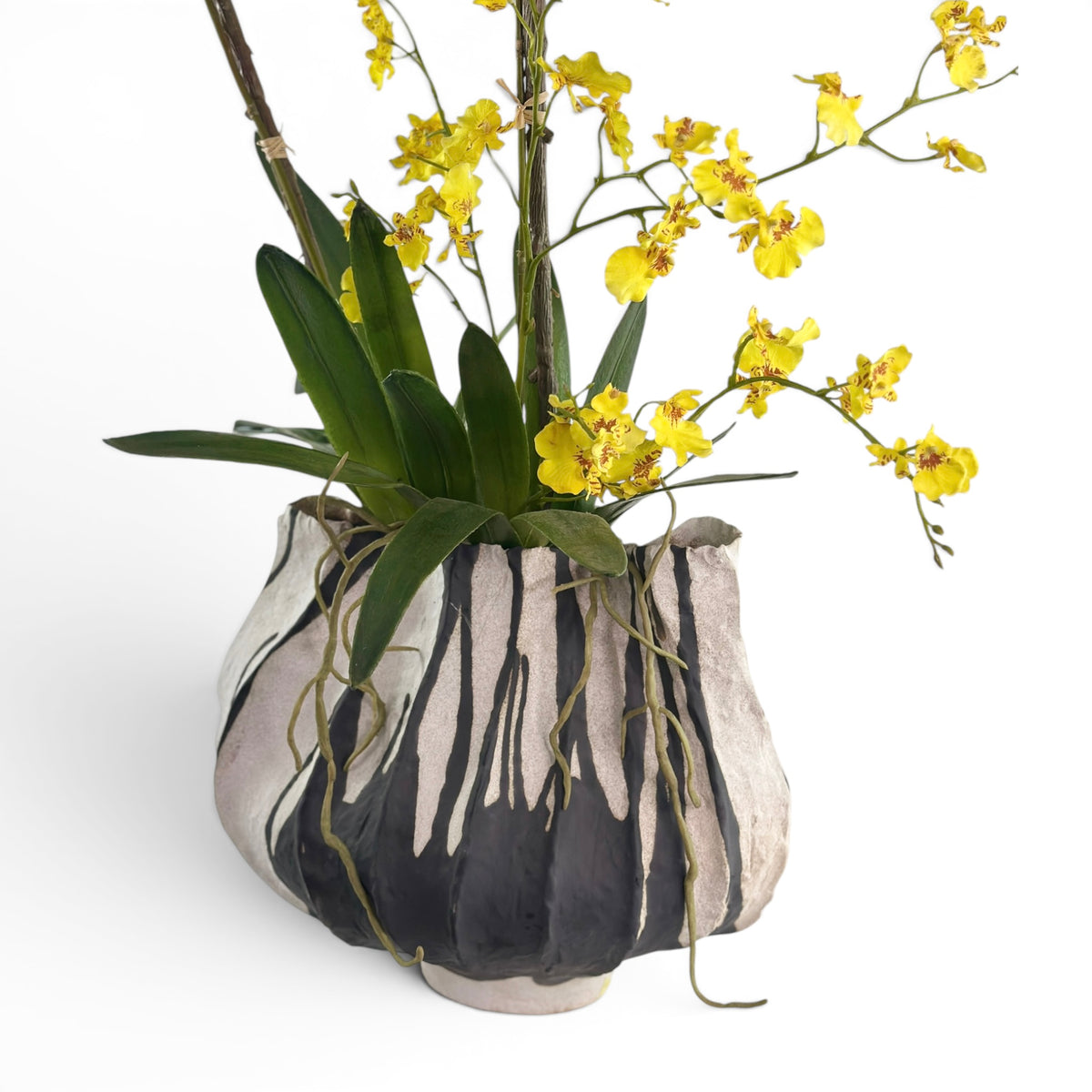 Decorative vase with a black and white abstract pattern containing faux yellow dancing orchid flowers on a white background