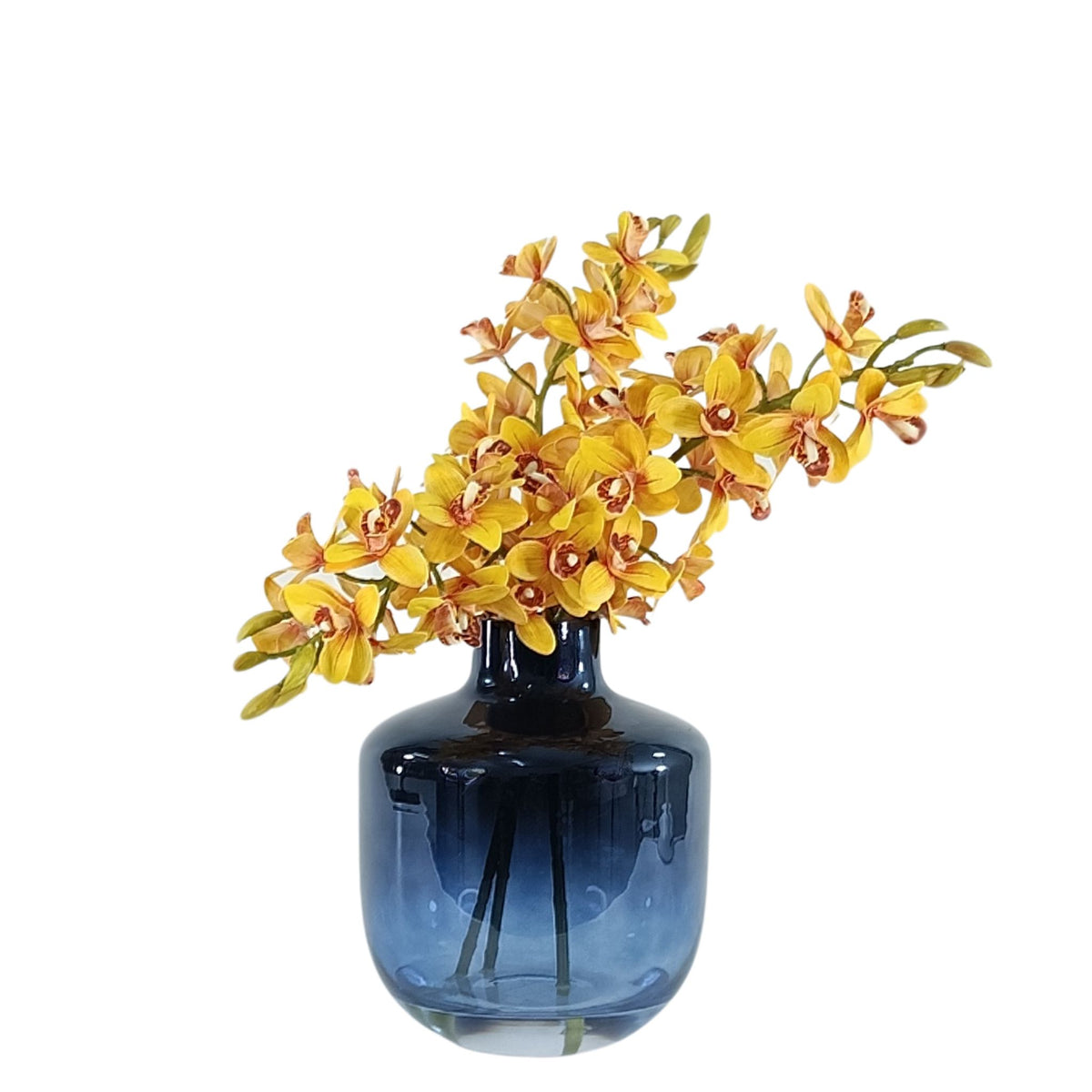 Cymbidium Orchid Yellow Arrangement in Blue Glass Vase. Full view of silk flowers. Available from www.plantcouture.co.za