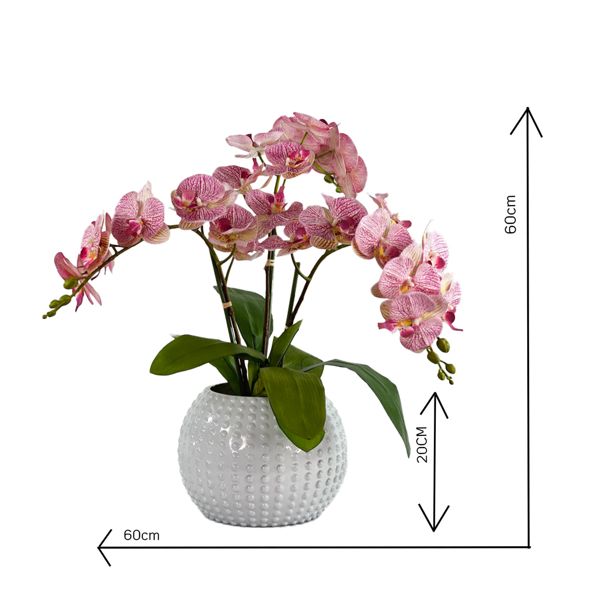 Pink faux orchid plant in a white textured pot with dimensions indicated on a white background