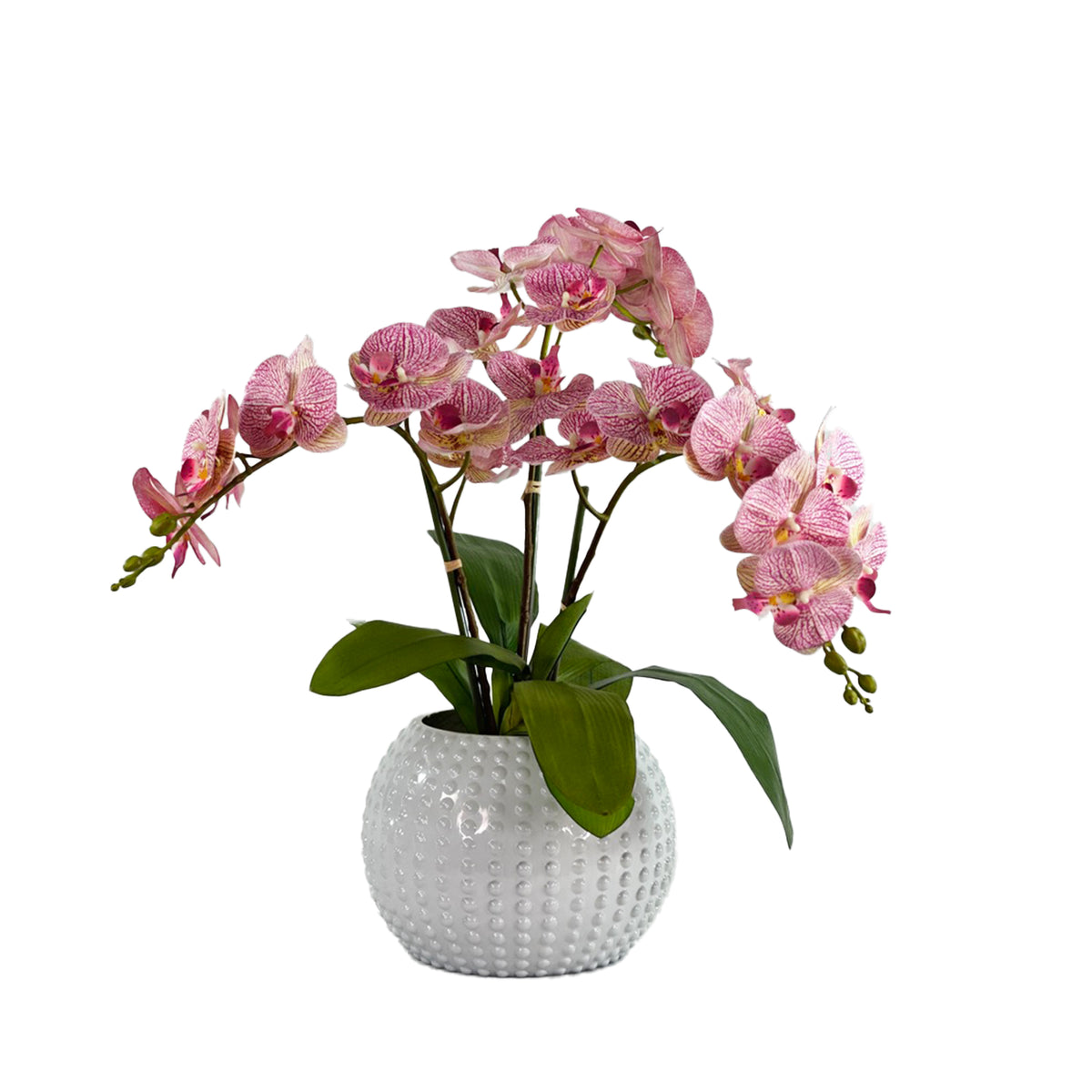Pink Faux orchid plant in a textured white vase on a white background