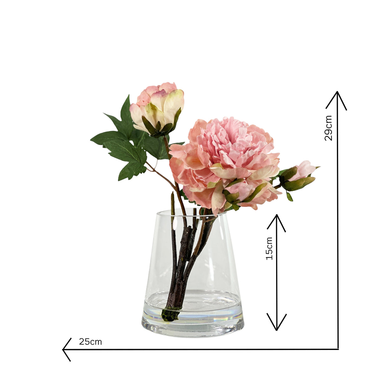 Artificial Peonie Pink Stem in Conicle Glass Vase Small with measurement 25cm wide and 29cm tall