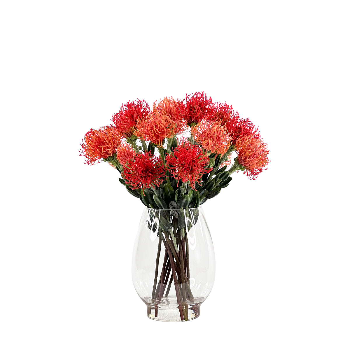 Artificial Pincushions Orange Arrangement in Pyramid Glass Vase Set in Faux Water