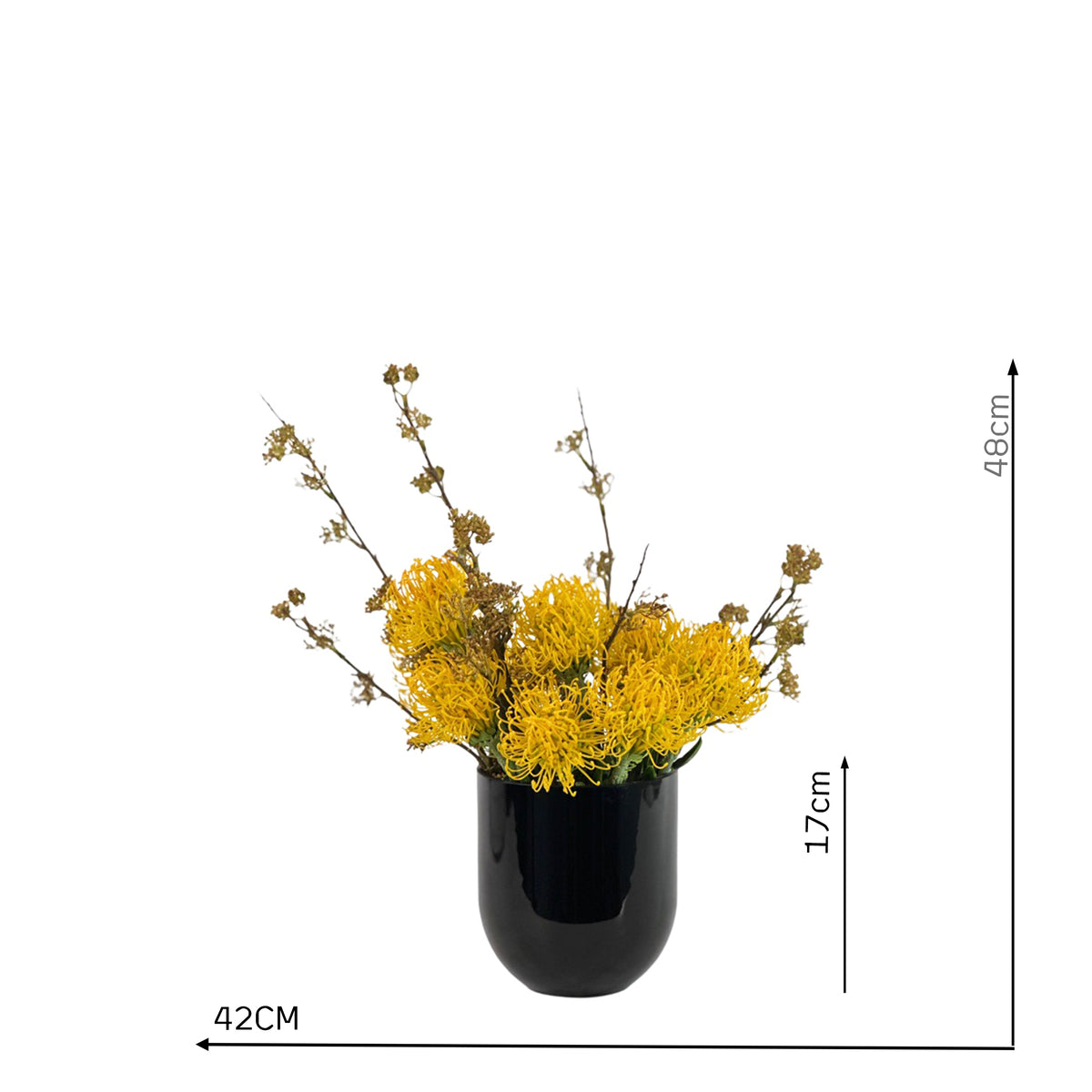 Faux Pincushions Yellow  arrangement with Berry Stem in Black vase with measurements 48cm high and 42cm wide
