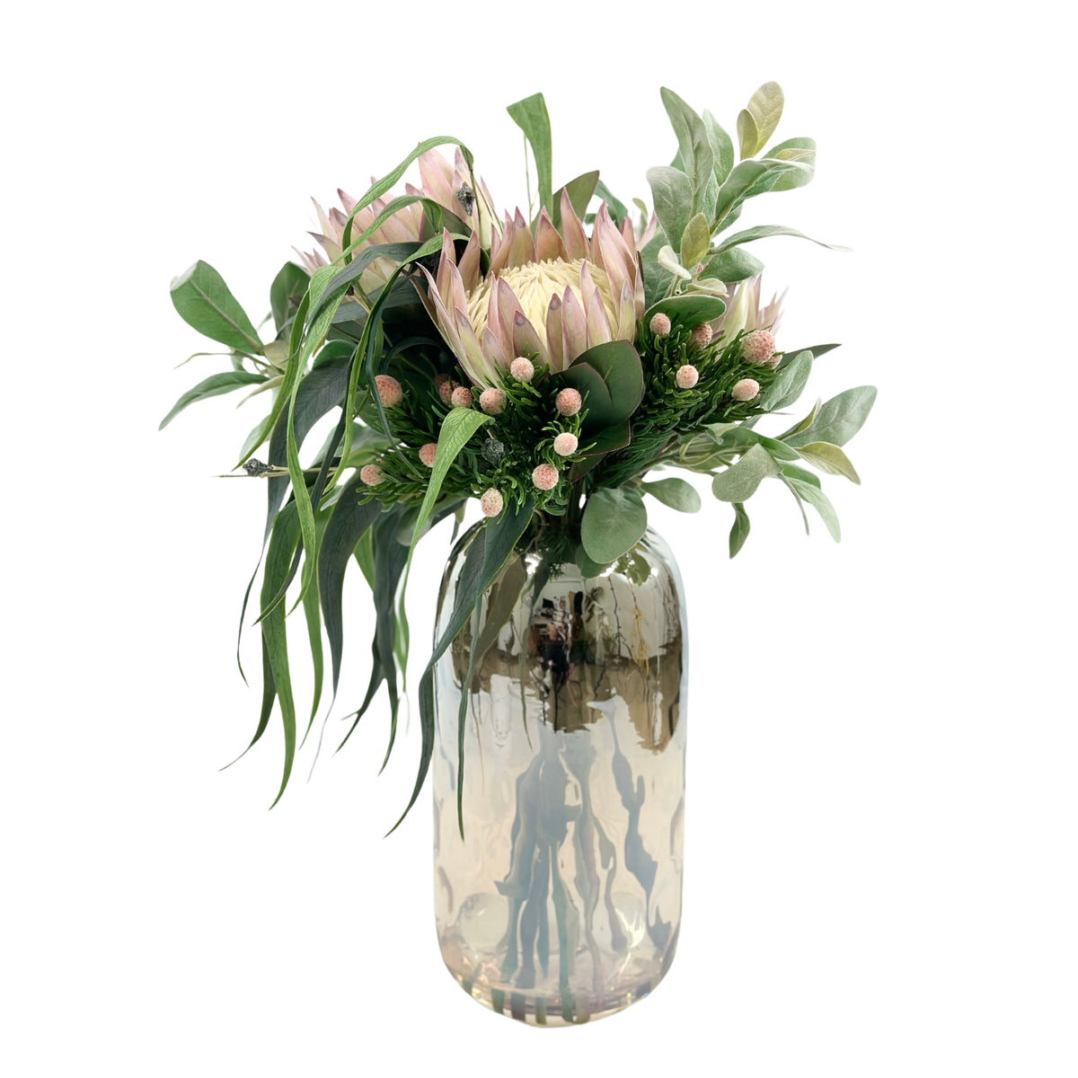 Proteas Eucalyptus Arrangement in Shiny Vase