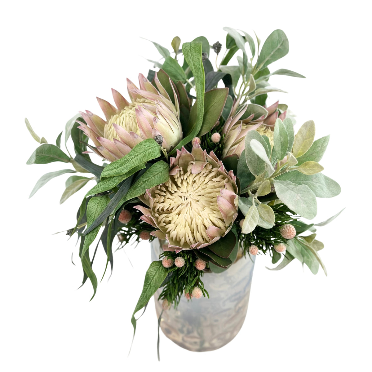 Proteas Eucalyptus Arrangement in Shiny Vase