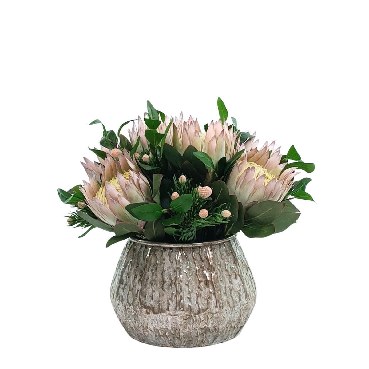 Protea Arrangement in Aged Silver Tin. Silk flower arrangement full view. Available from www.plantcouture.co.za