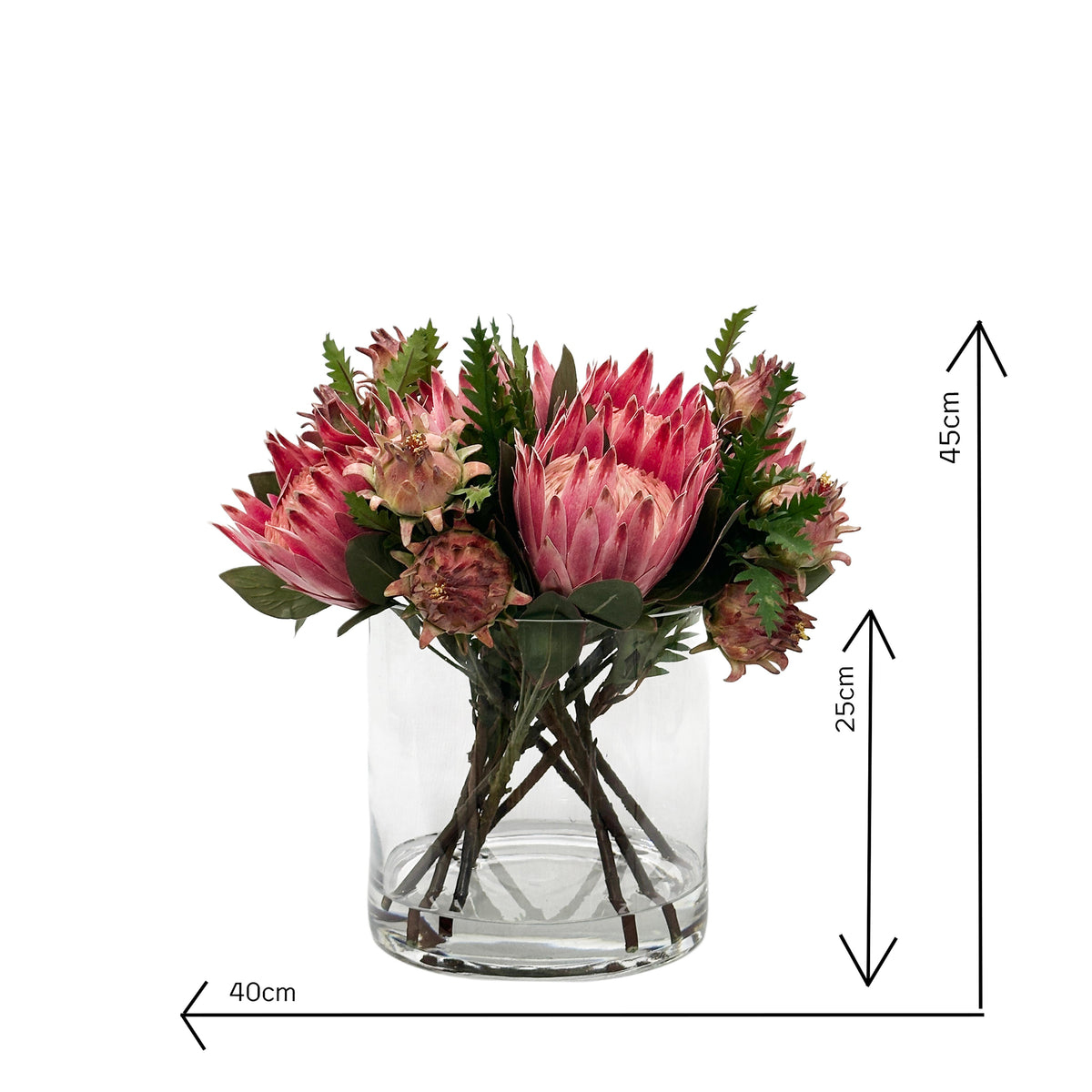 Bouquet of Faux pink protea flowers in a clear glass vase with dimensions indicated.