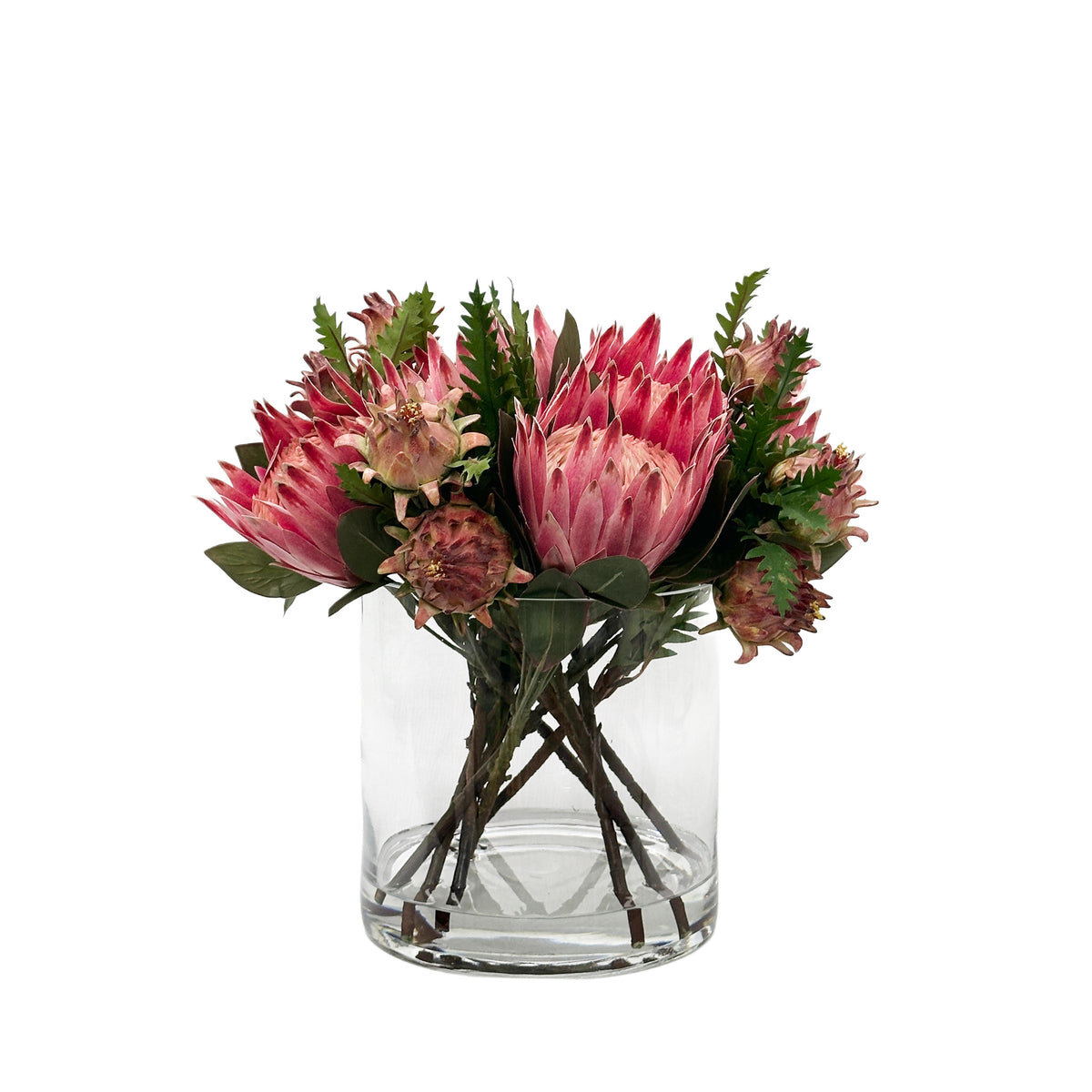 Artificial Protea & Artichoke Arrangement Pink in a Cylinder vase set in faux Water