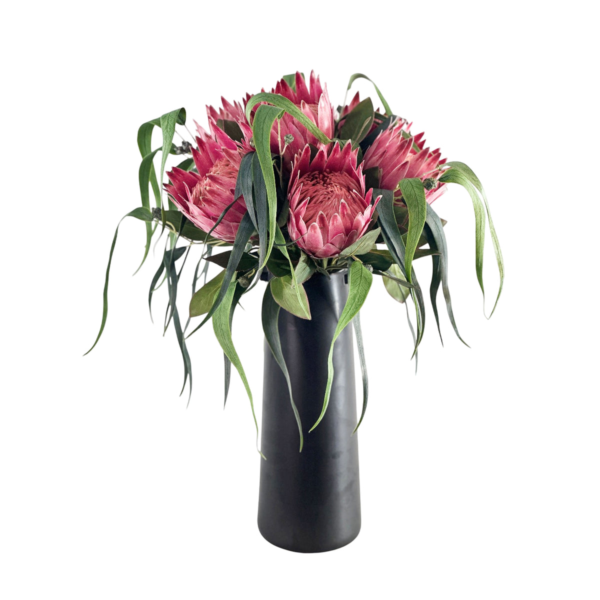 Bouquet of faux pink protea flowers in a black vase on a white background