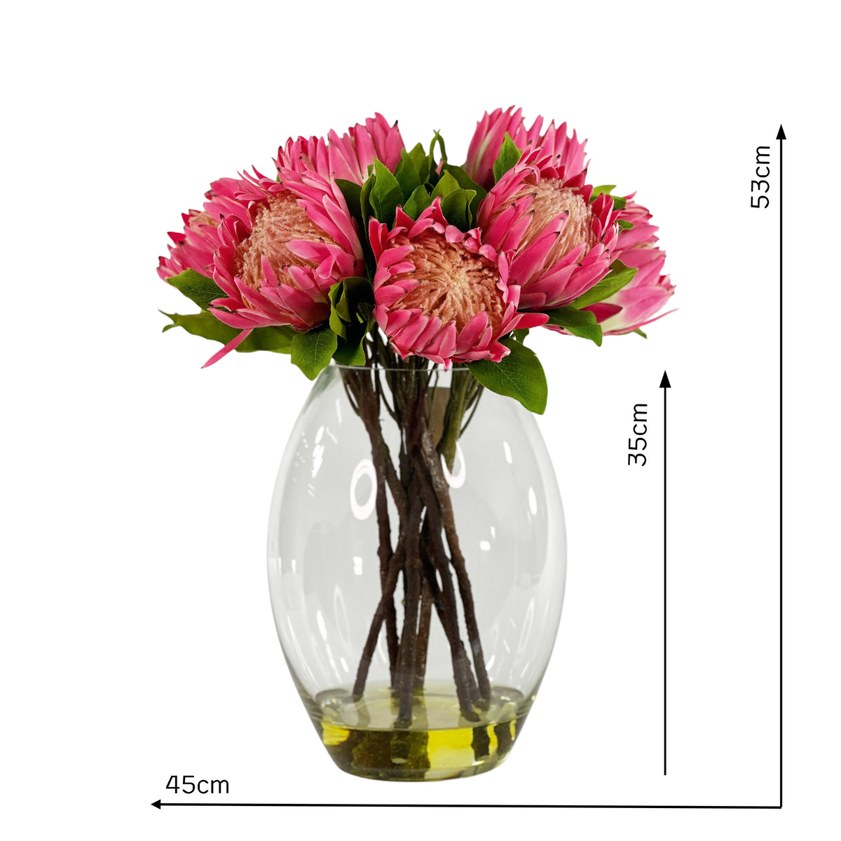 Artificial King Protea pink Arrangement in faux Water with measurements